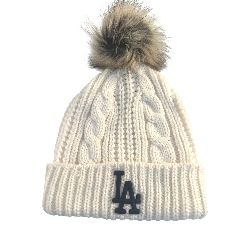 Fan Favorite Women's LA Dodgers Beanie White Cable Knit Faux Fur Pom